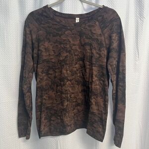 Athleta Momentum Floral Top Brown Jacquard Long Sleeve Activewear Thumbholes L